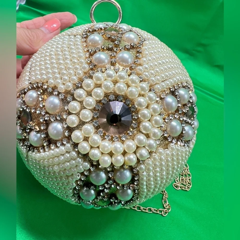 Unique Round beaded: Evening Clutch, wedding wristlet with long gold chain
